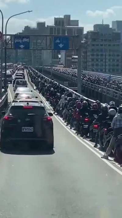 Scooter/car traffic jam but everybody keeping to their respective lanes