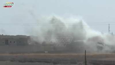 Single rockets from a BM-21 Grad are used in a direct-fire role to destroy rebels positions in Aleppo (2016)