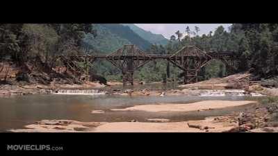 A real train, a real bridge and real explosives. The iconic train crash scene in Bridge on the River Kwai (1957)