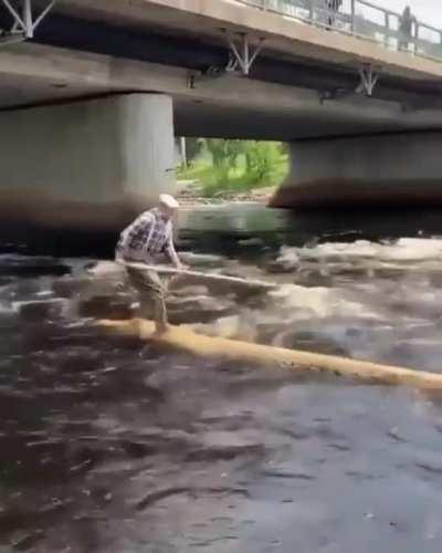 Loggers will often 'ride' a flotilla of logs down the river. This retired logger shows he's still got it.