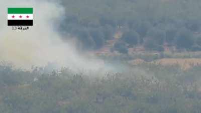 FSA 13th Division BGM-71 TOW team attempts to engage an SAA T-72, appears to be thwarted by shrubbery - N. Hama - 10/7/2015