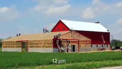 10-hour time-lapse of an Amish barn raising