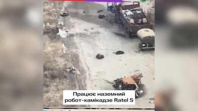 UGV kamikaze drone Ratel S made in Ukraine attacking russian positions