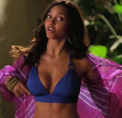 Jessica Lucas in a blue bikini top