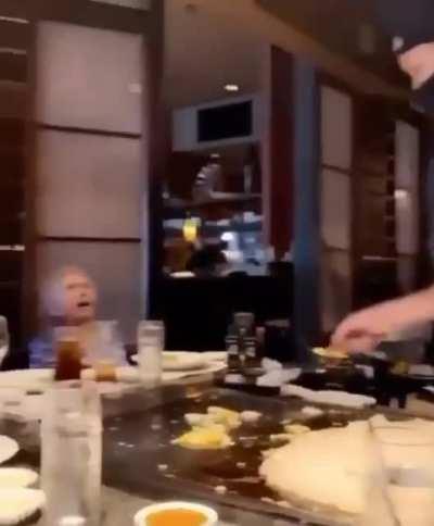 Grandma tries to catch food in her mouth