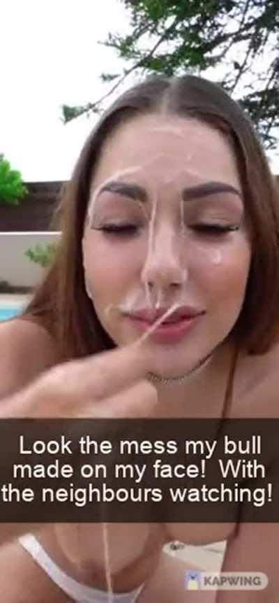 Instead of cleaning up she spends a few moments playing with the spit and cum in plainview by the poolside