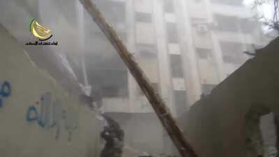 Syrian Opposition assault SAA occupied buildings during the infamous bloody ladder assault in Daraya - 2014