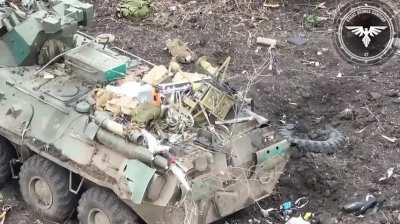 A Russian BTR-82A in the Avdiivka direction destroyed by an FPV drone.