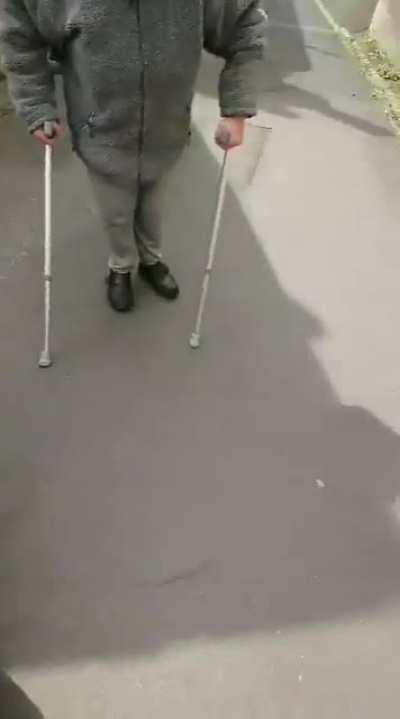 Karen on crutches