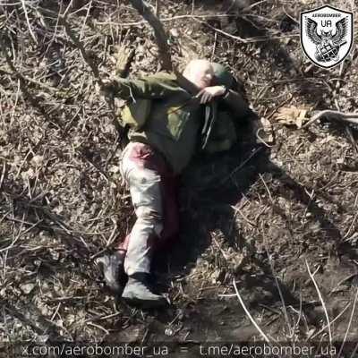 Lone Russian Soldier is hit by a Drone Dropped Munition from the 30th Mechanized Brigade (March 2024).