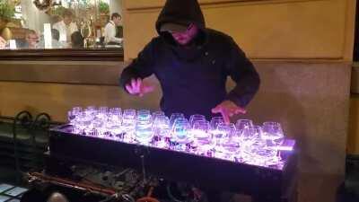 This guy playing Liszt's &quot;La Campanella&quot; on a glass harp. Prague 2019