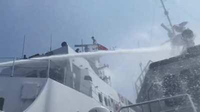 China Coast Guard ship attacks and disables with its high powered water cannon, the navigational and comms suite of an Philippine Bureau of Fisheries and Aquatic Resources as it patrols Philippine Waters. April 30, 2024.