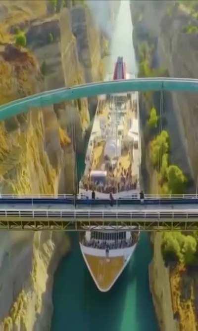 Cruise ship squeezes through the Corinth Canal, Greece