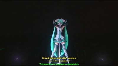 Hatsune Miku (a Japanese anime hologram) performs on stage &quot;live&quot; with a real band to a huge audience.