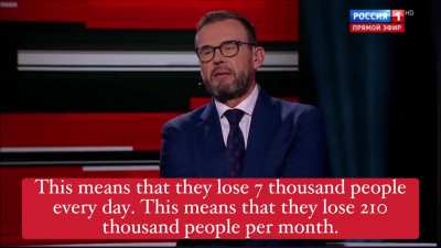 russian propagandist Solovyov claims that Ukraine is losing 7,000 soldiers daily, with monthly irrecoverable losses reaching 170,000 to 180,000