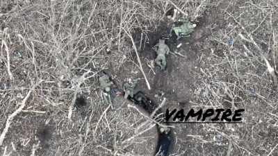 Drone dropped grenade hits russian soldiers in trench [music from source]