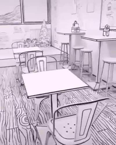 A cafe made to look like a sketch! Incredible 2D effect!