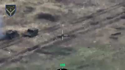 Ukrainian ATGM, drones and artillery hitting Russian armored vehicles moving towards Siversk near Spirne. November 2024