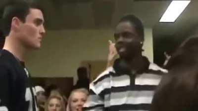 Student collectively killing his opponent and spectators in a rap battle with one line