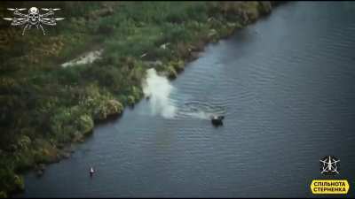 UAV operators of the Ukrainian Southern Defense Forces used a FPV strike drone to target a Russian boat floating on the Dnieper River. October 2024.