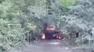 A Ukrainian BTR-80 gets hit by an FPV drone using fibre-optic in the Kursk region - September 2024