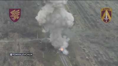 Russian BMP runs into a mine and flips over east of Pogrebki, Kursk Oblast. November 2024