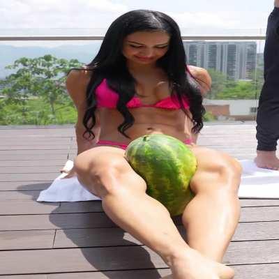 Veronica's strong legs destroying a watermelon!