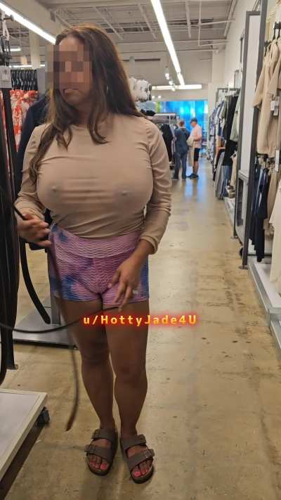 Shopping in sheer, then flashing my jumbo titties at the end