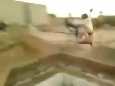 WCGW while trying to jump over a huge hole