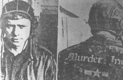 German propaganda photo of an American b-17 bombardier wearing a jacket with the name of his plane &quot;Murder Inc&quot;