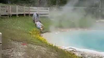 Tourist at Yellowstone National Park illegally dips her hand into a hot spring