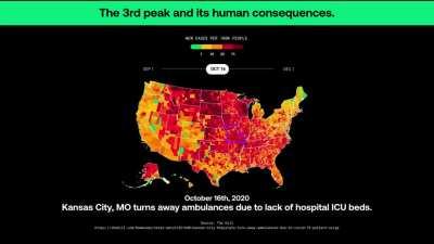 [OC] As the pandemic stretches into its 9th month, people’s attitudes toward COVID have relaxed. We animated real-time, COVID data to visualize the latest COVID’s surge spread through the U.S. from September 2020.