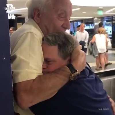 Wholesome reunion of an 88 year old dad and his 53 year old son.