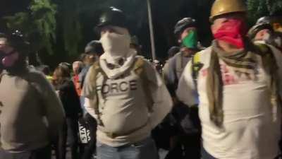 US military veterans standing at ease in Portland in solidarity with the protestors