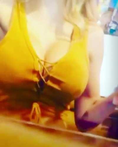 Secretly Filming my bartenders giant fake tits right in front of her dumb whore face