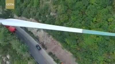 Transporting a wind turbine blade through the mountains