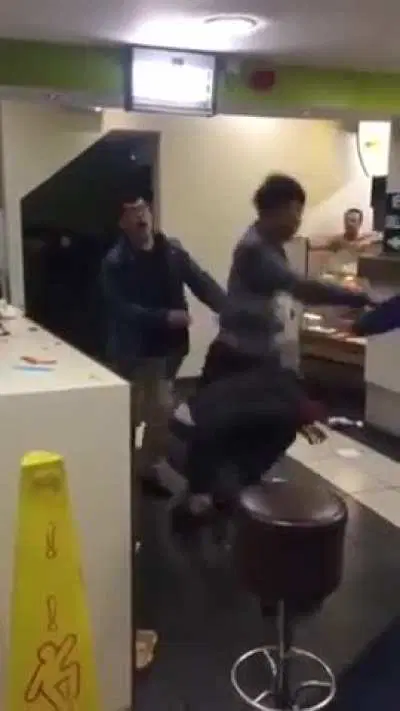 British and Chinese men fight in a kabab shop. 