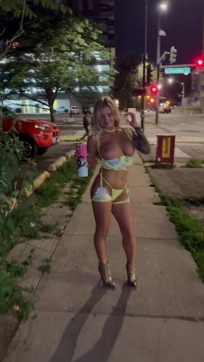 Just a casual walk downtown in lingerie with a flash