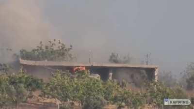 TOW Ace &quot;Abu TOW&quot; uses his signature missile to strike a regime T-55 tank, causing a dramatic cook-off on the front lines of the southern Idlib countryside 14-7-21