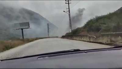 Lebanese Hezbollah member captures a footage of an Israeli airstrike on another target where he was almost hit.