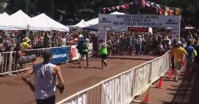 A 70 year old woman finishing a 100 mile endurance race just seconds before the 30 hour cut off