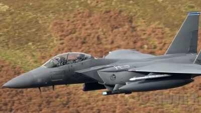 F-15 Eagles flying at low levels at Mach Loop