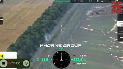 Extended version: Ukrainian vehicles breached Russian dragons teeth anti-tank structures at the border to Russia and drove towards Veseloe (Kursk Oblast). Drone footage provided by the Khorne group of the 116th Seperate Mechanized Brigade.