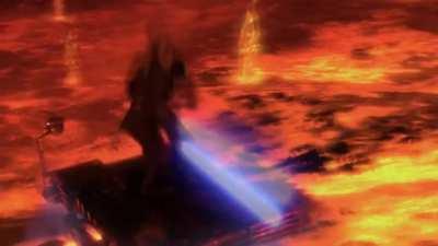 Obi-Wan pushes Anakin into the lava