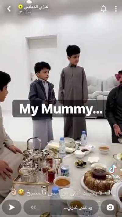 Arab boy yells at his father's friends to defend his mother