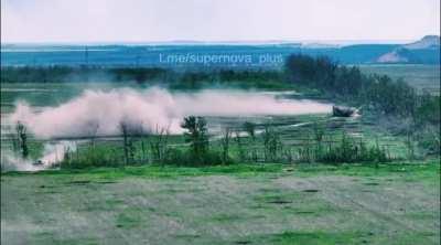 Ukrainian T-72 firing on Russian units in a forested area outside of Bakhmut while Russians counter-fire GRAD rockets. 