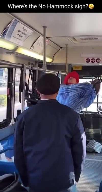 Main character holds up the bus so he catch a nap