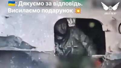 A FPV killed a Russian soldier hiding in an destroyed APC, graphic warning, April 2024