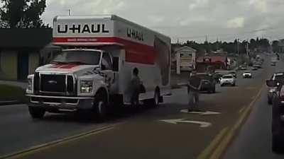 Flipping off cars while jaywalking