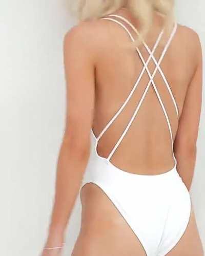 Joanna Cooper modelling the Cross Back High Leg Swimsuit